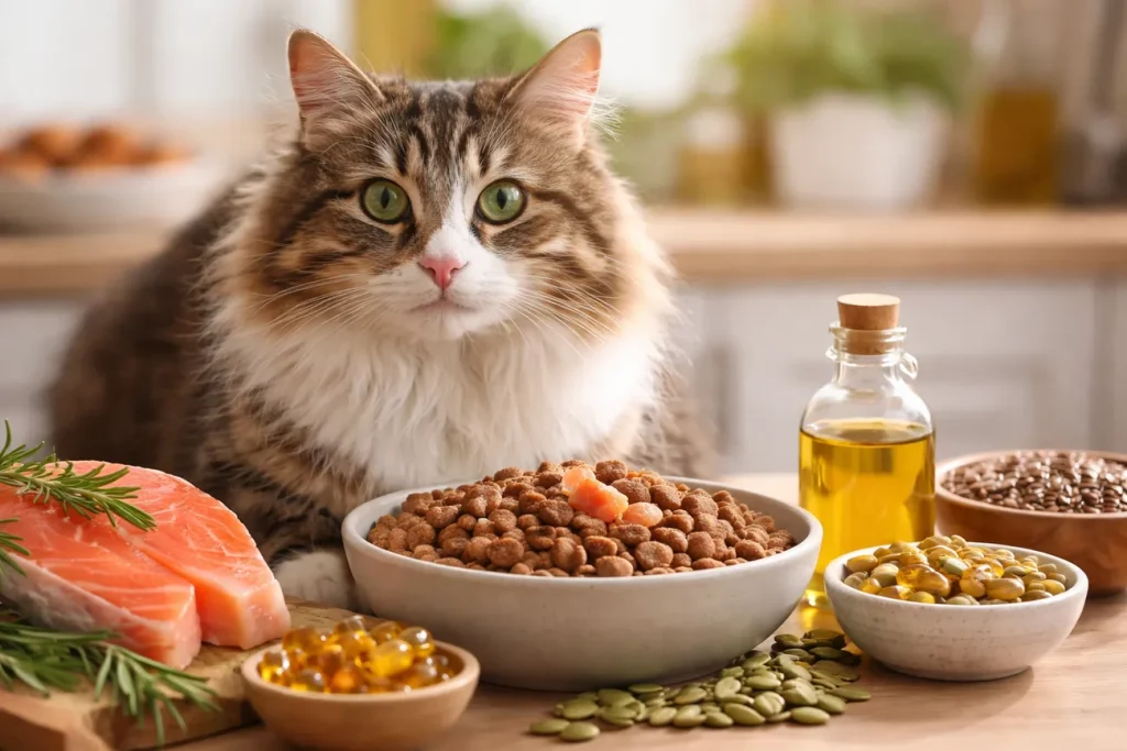 گربه در کنار غذای حاوی اسیدهای چرب امگا ۳ و امگا ۶ برای سلامت پوست و مو
