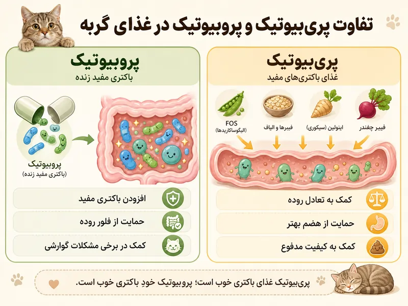 گربه بالغ و بچهگربه کنار ظرف غذای خشک حاوی ترکیبات مفید برای سلامت روده